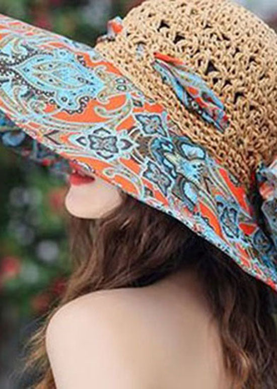 Classy Khaki Bow Print Patchwork Straw Woven Floppy Sun Hat