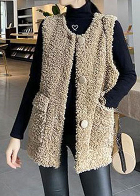 Classy Khaki Button Pockets Faux Fur Winter waistcoat