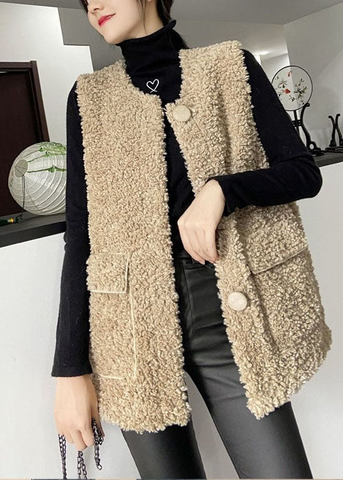 Classy Khaki Button Pockets Faux Fur Winter waistcoat