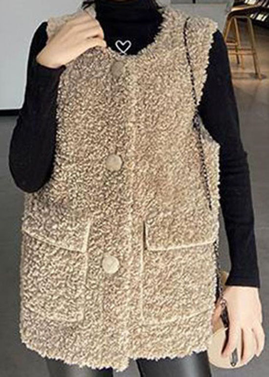 Classy Khaki Button Pockets Faux Fur Winter waistcoat