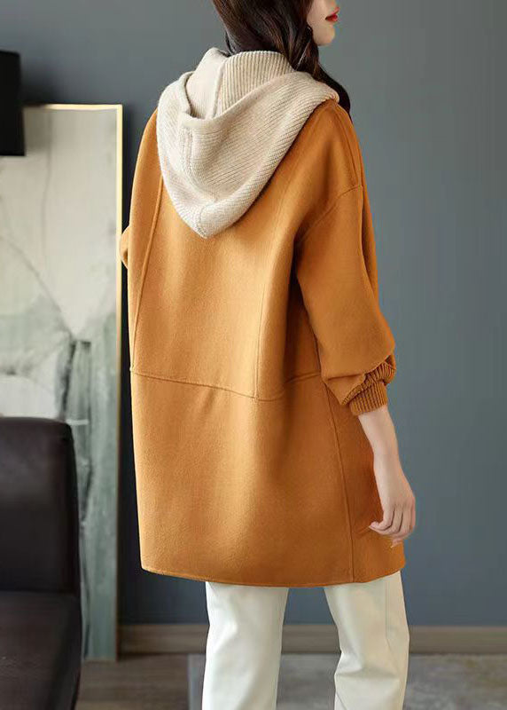 Classy Khaki Button Pockets Patchwork Woolen Hoodies Outwear Fall