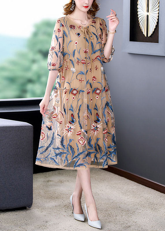 Classy Khaki Embroideried Wrinkled Lace Up Patchwork Silk Dresses Summer
