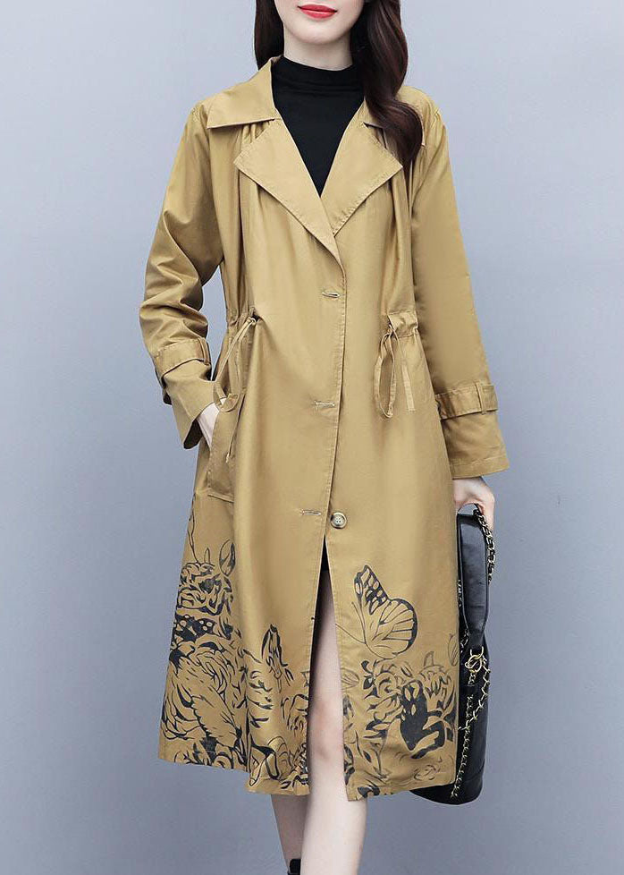 Classy Khaki Notched Print Drawstring Trench Coats Fall