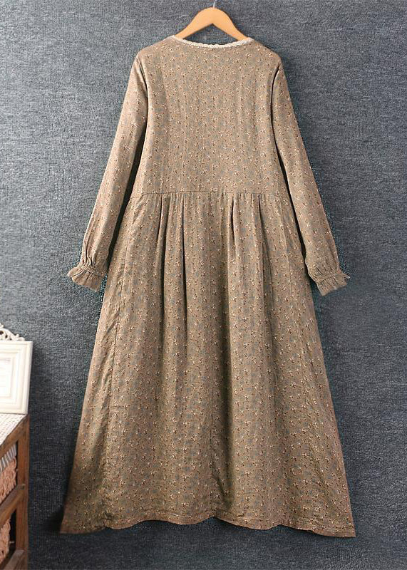 Classy Khaki O Neck Print Lace Patchwork Cotton Long Dress Spring