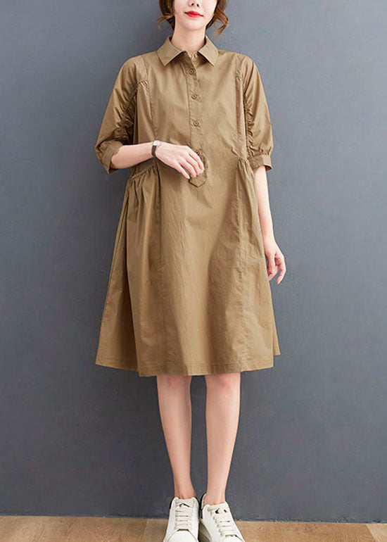 Classy Khaki Peter Pan Collar Pockets Cotton Dress Half Sleeve