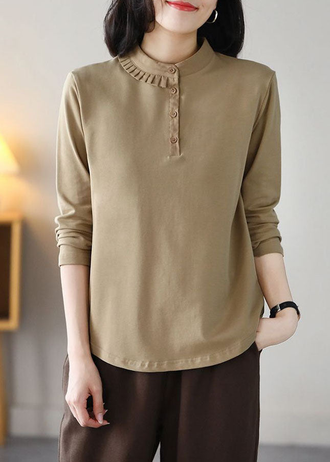 Classy Khaki Stand Collar Slim Fit Wrinkled Cotton Blouse Tops Spring