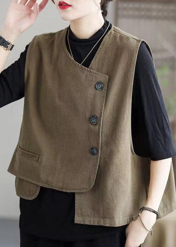 Classy Khaki retro Button asymmetrical design Fall Sleeveless waistcoat - Omychic