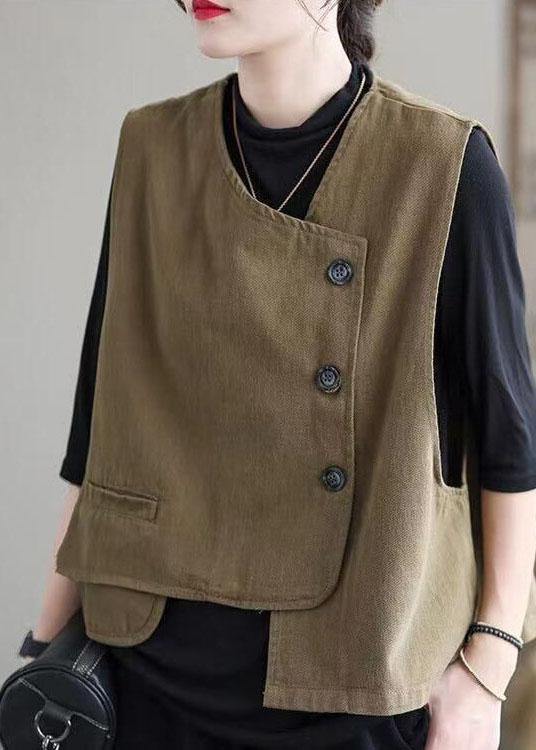 Classy Khaki retro Button asymmetrical design Fall Sleeveless waistcoat - Omychic