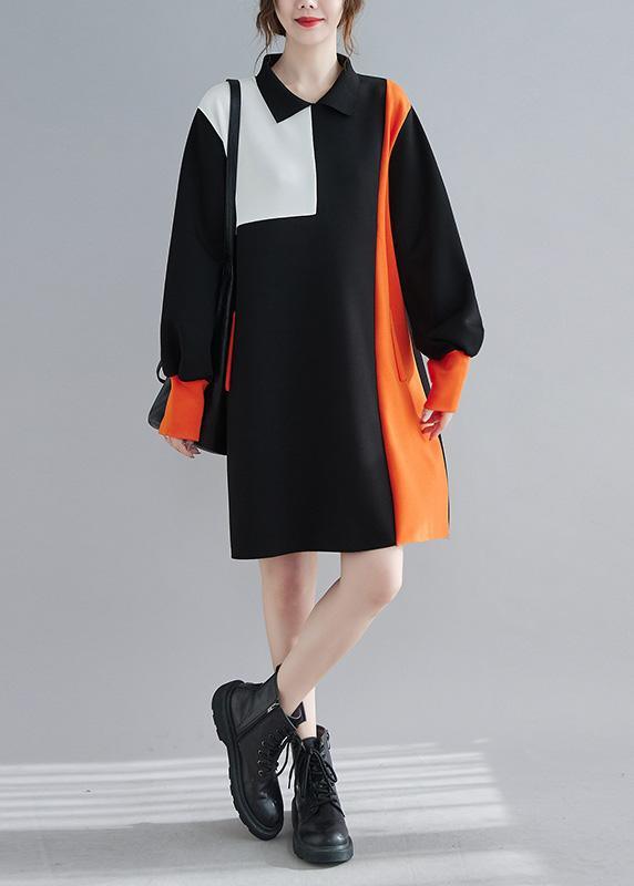 Classy Lapel Patchwork Spring Clothes For Women Black Robes Dress - Omychic