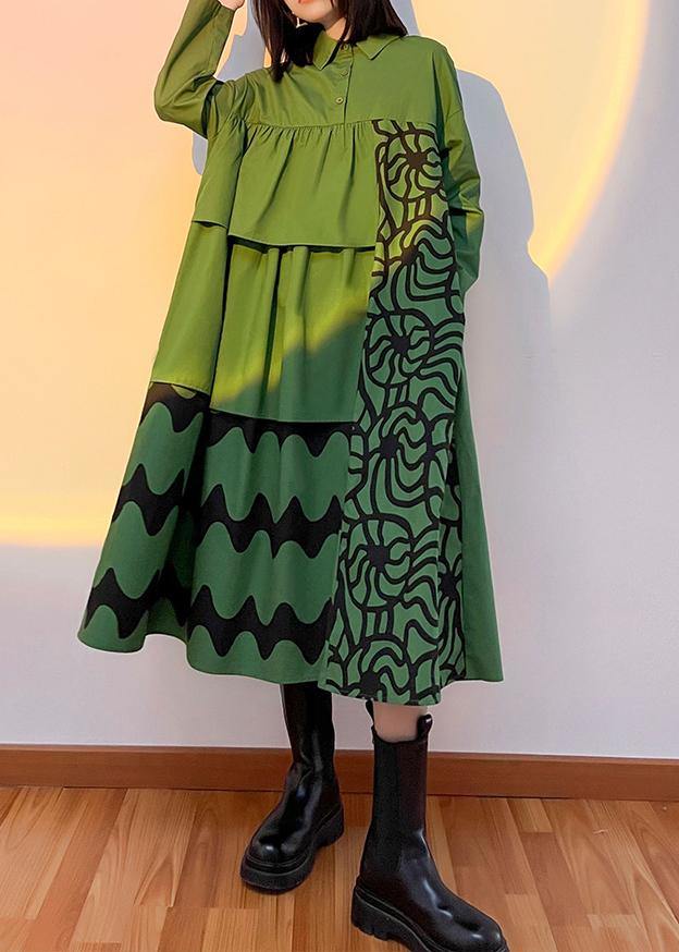 Classy Lapel Patchwork Spring Outfit Green Print Traveling Dresses - Omychic