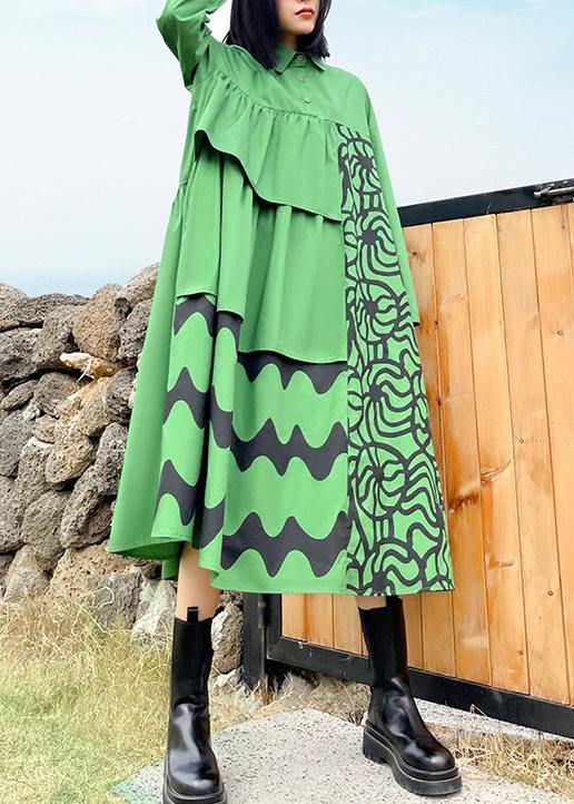 Classy Lapel Patchwork Spring Outfit Green Print Traveling Dresses - Omychic