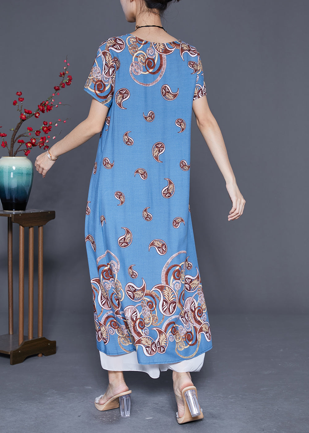 Classy Light Blue Oversized Print Cotton Vacation Dresses Summer