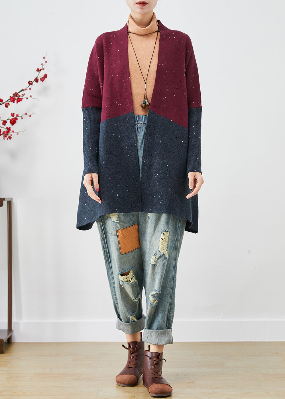 Classy Mulberry Oversized Patchwork Knit Cardigans Batwing Sleeve