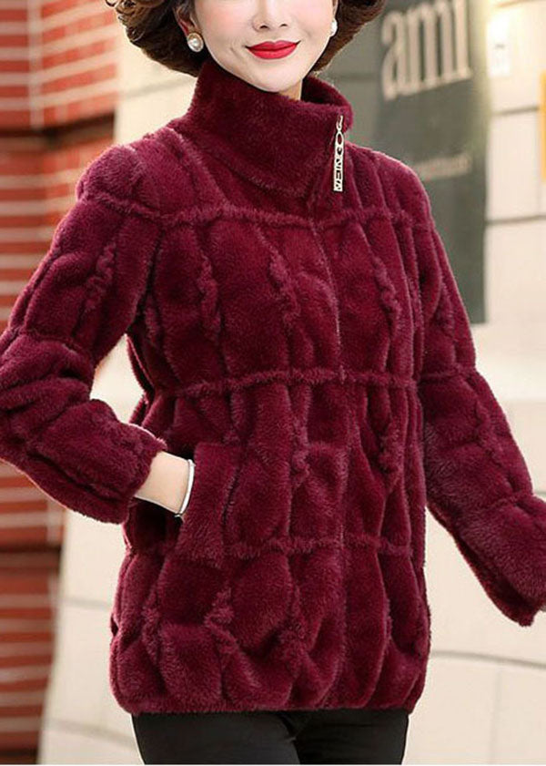 Classy Mulberry Peter Pan Collar Zip Up Mink Hair Knitted Coat Winter