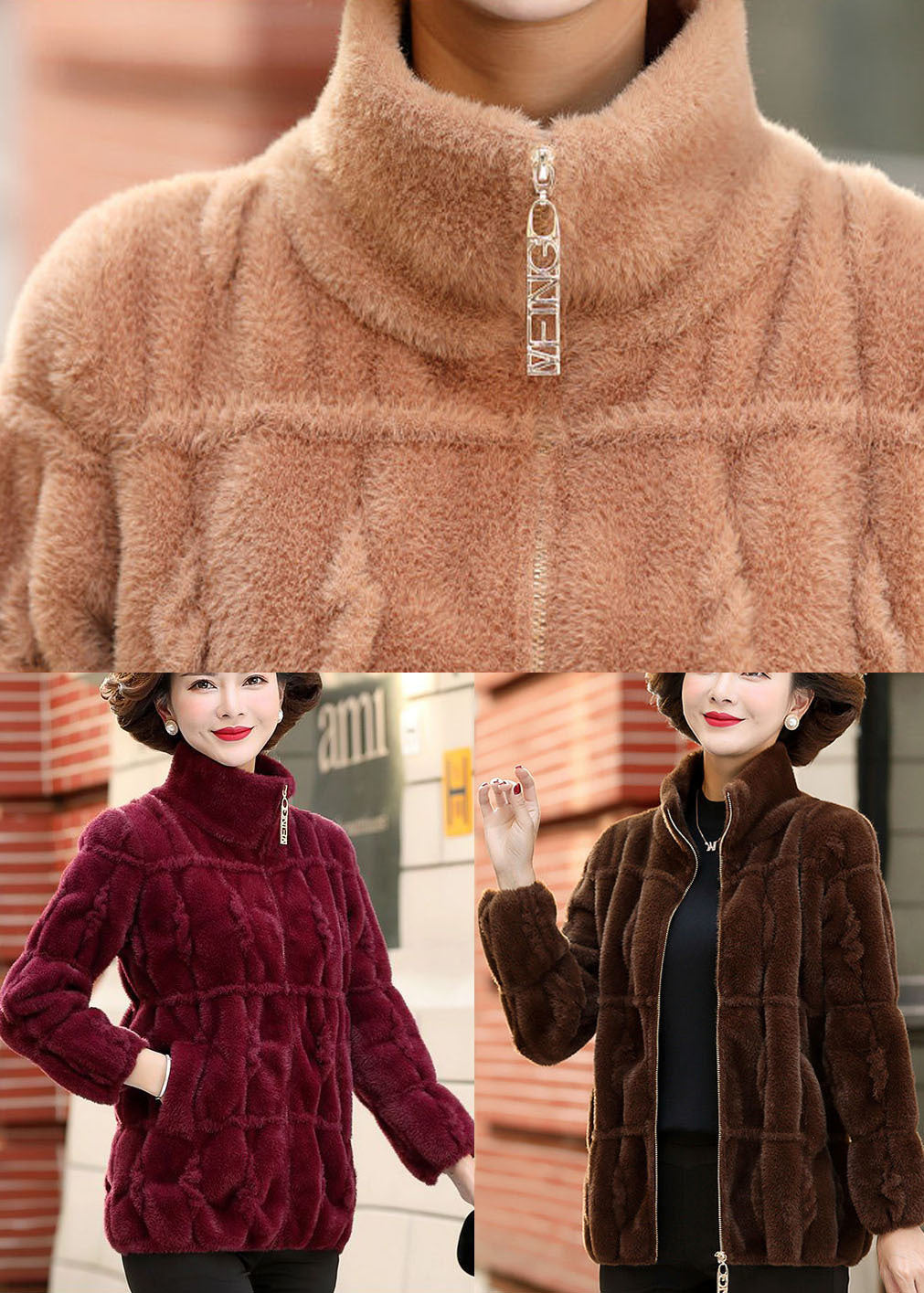 Classy Mulberry Peter Pan Collar Zip Up Mink Hair Knitted Coat Winter