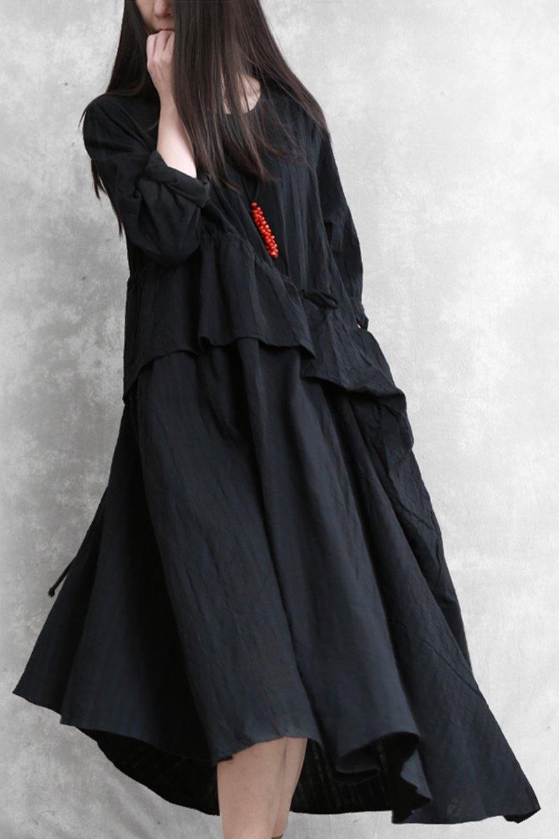 Classy Multiple wearing methods linen dresses Outfits black asymmetric Dress fall - Omychic