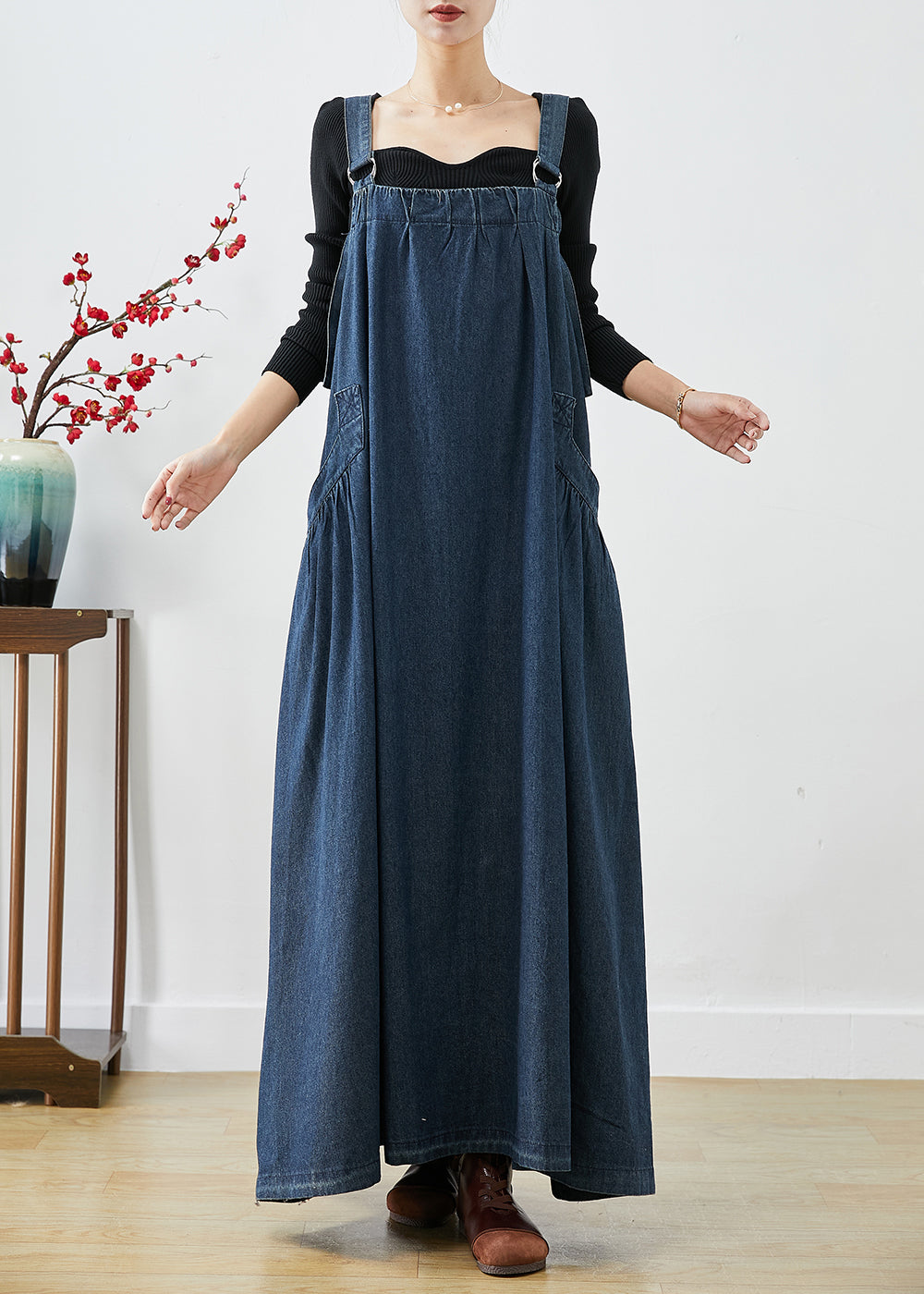 Classy Navy Oversized Exra Large Hem Denim Strap Dresses Fall