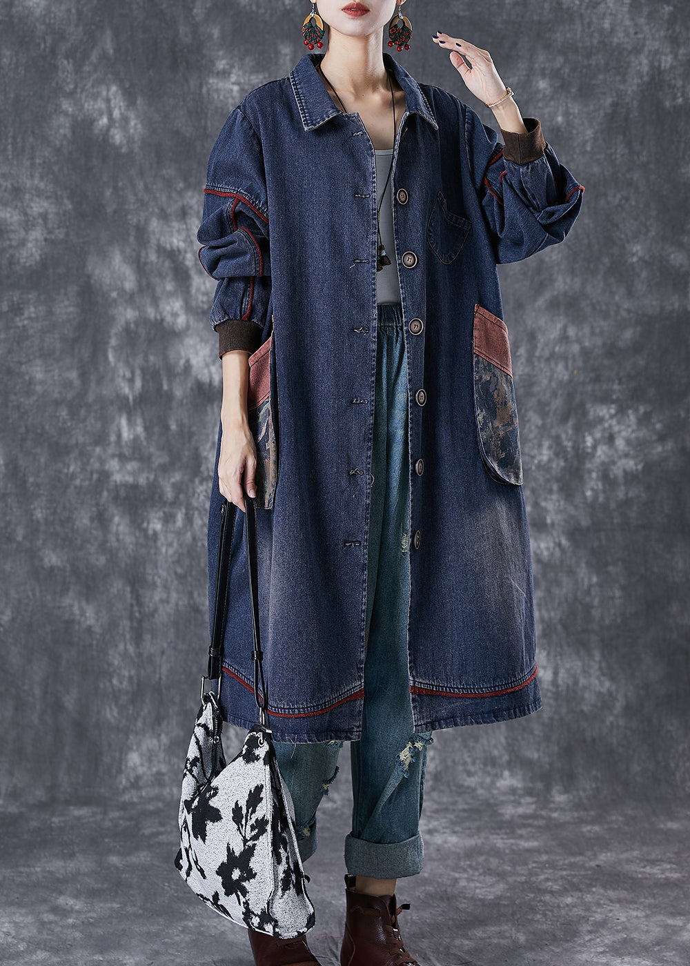 Classy Navy Oversized Patchwork Pocket Cotton Coat Fall