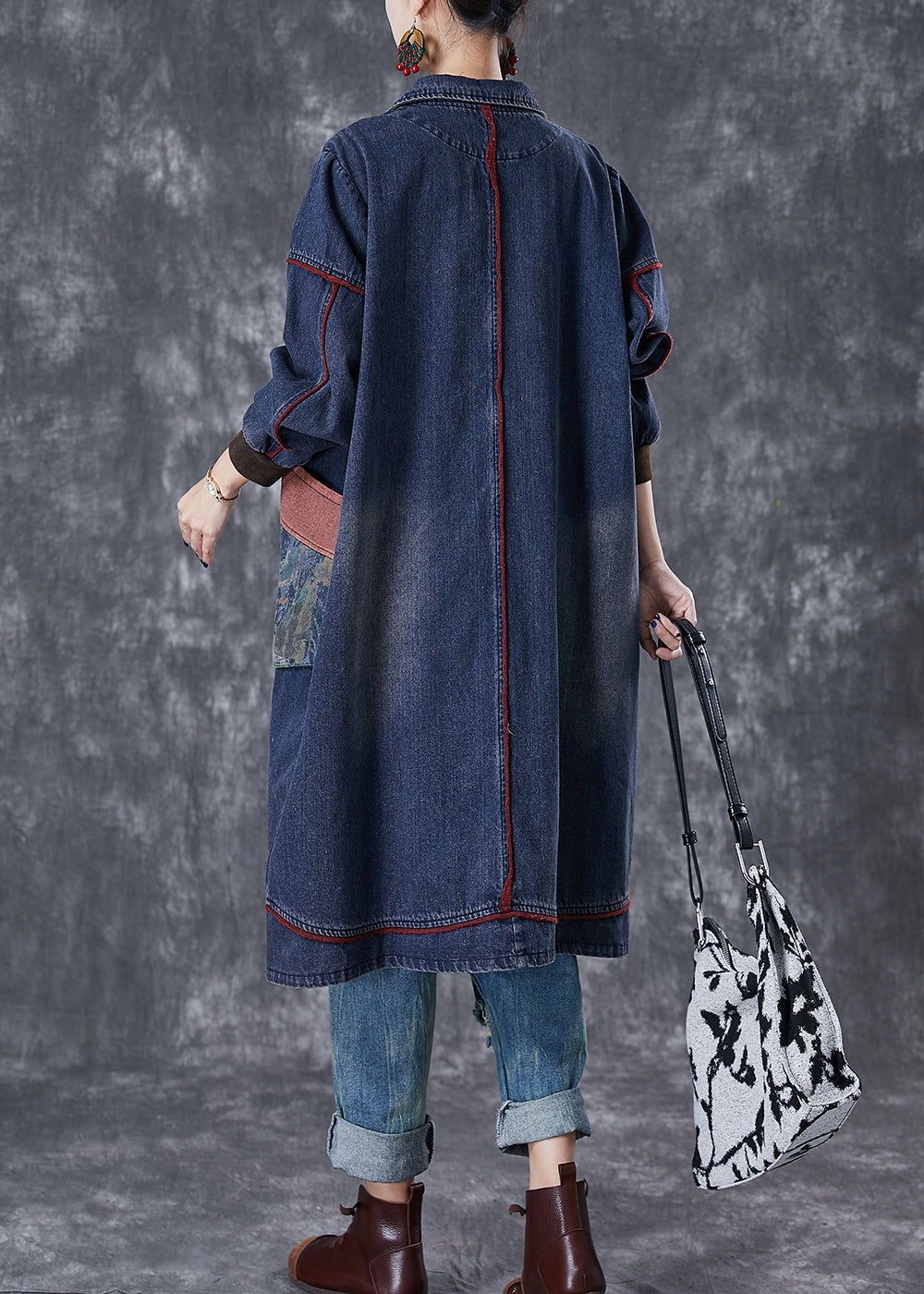 Classy Navy Oversized Patchwork Pocket Cotton Coat Fall