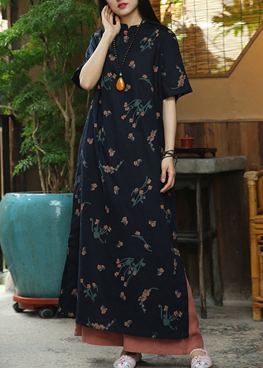 Classy Navy Print Side Open Patchwork Linen Long Dresses Summer