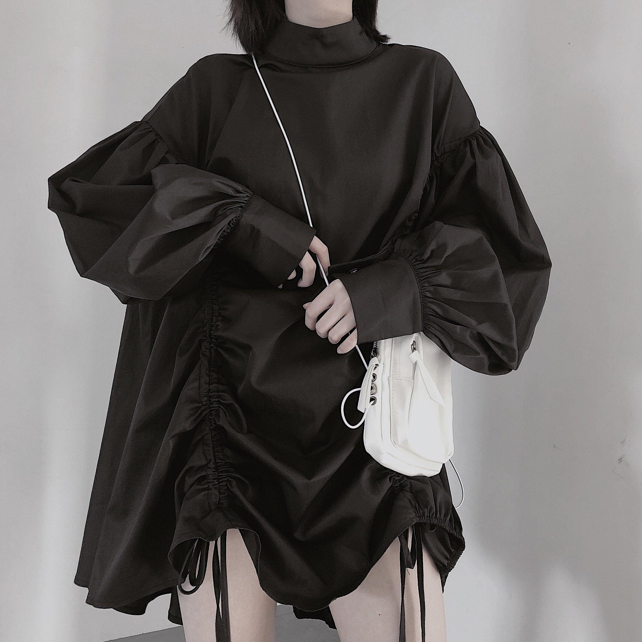 Classy O Neck Drawstring Tunics Sleeve Black Dress - Omychic