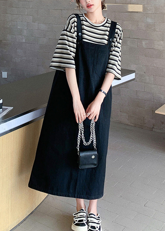 Classy O-Neck Striped Patchwork T Shirt And Long Dress Two Piece Set Summer
