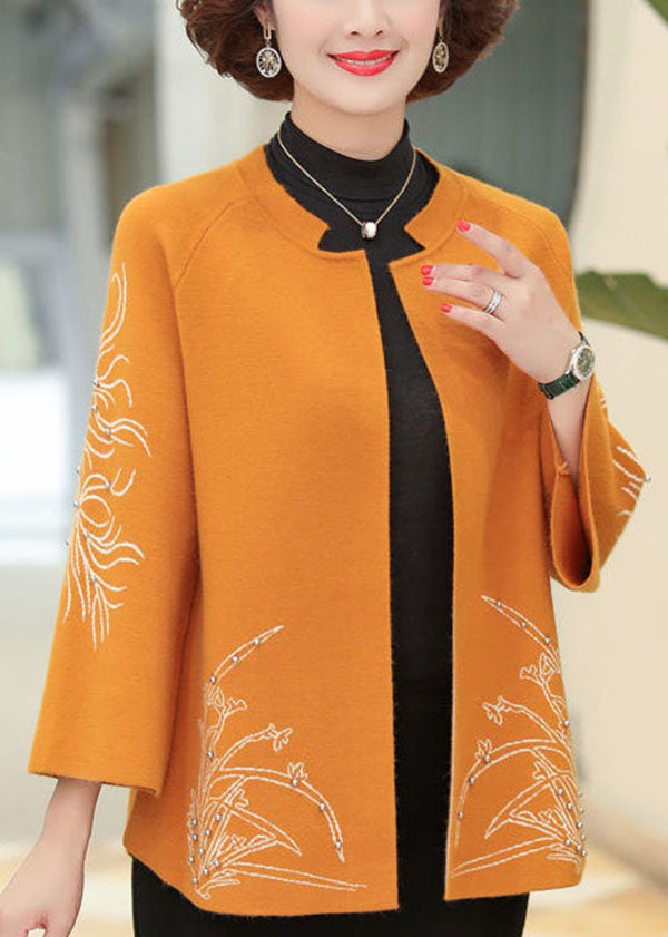 Classy Orange O-Neck Embroideried Nail Bead Woolen Cardigan Long Sleeve