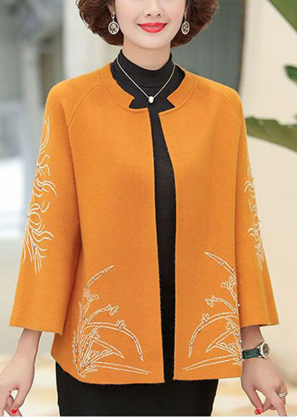 Classy Orange O-Neck Embroideried Nail Bead Woolen Cardigan Long Sleeve