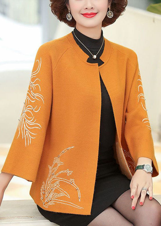 Classy Orange O-Neck Embroideried Nail Bead Woolen Cardigan Long Sleeve