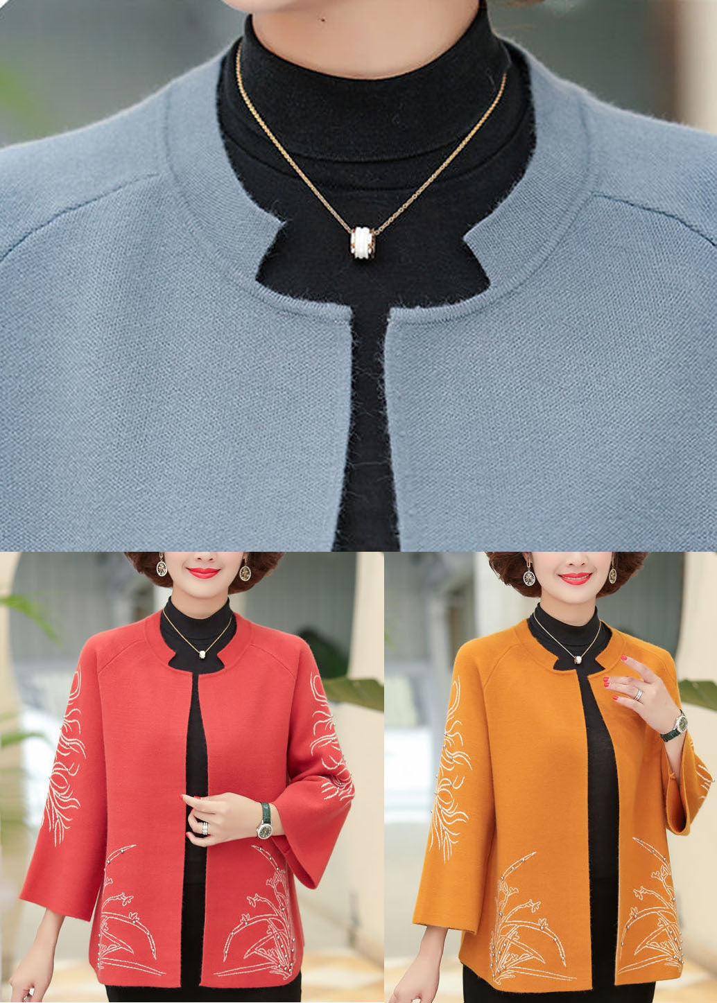 Classy Orange O-Neck Embroideried Nail Bead Woolen Cardigan Long Sleeve