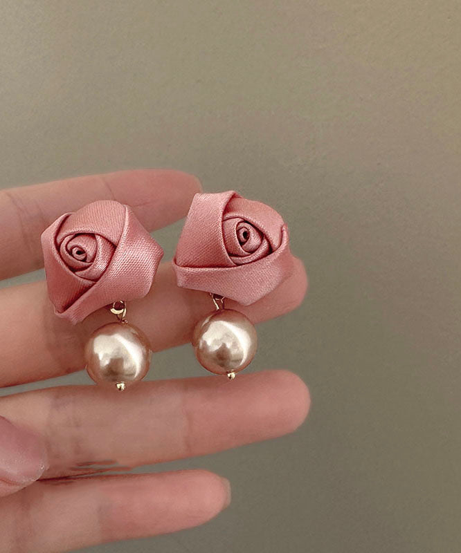 Classy Pink Copper Overgild Rose Pearl Fabric Drop Earrings