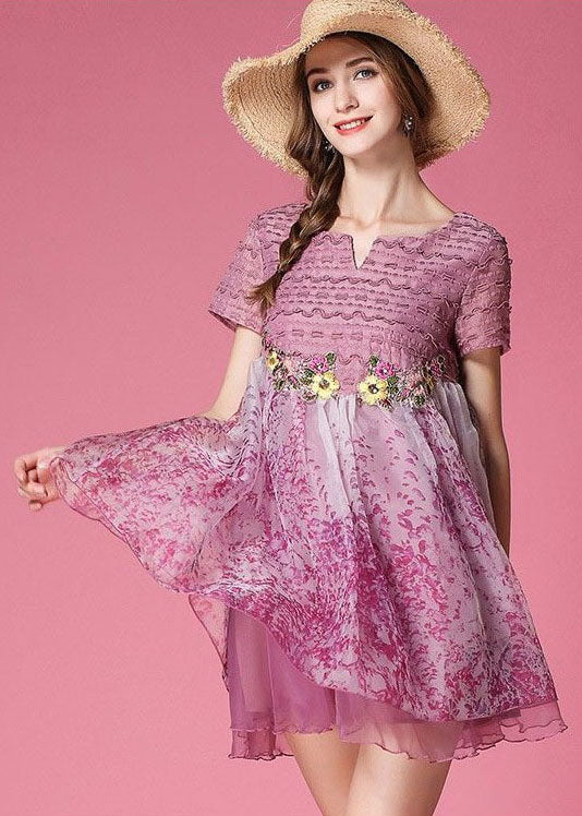 Classy Pink Embroideried Patchwork Wrinkled Organza Dress Short Sleeve