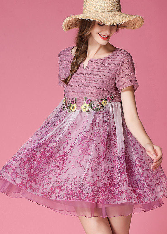 Classy Pink Embroideried Patchwork Wrinkled Organza Dress Short Sleeve