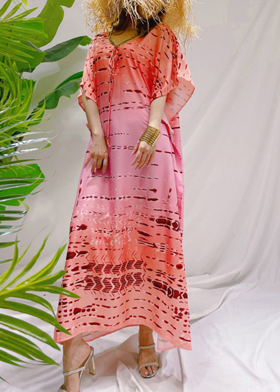 Classy Pink O-Neck Print Neck Tie Silk Long Dress BatwingSleeve