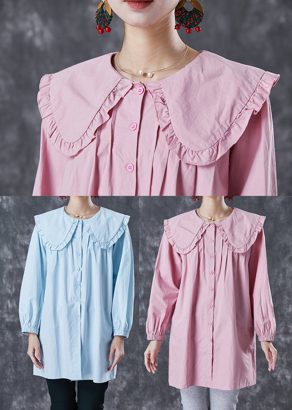Classy Pink Peter Pan Collar Cotton Shirt Top Spring