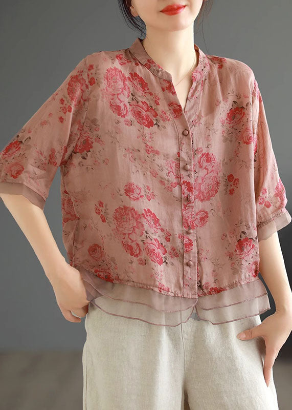 Classy Pink Print Button Patchwork Linen Shirts Top Summer