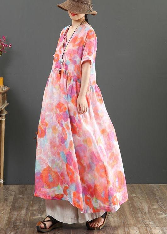 Classy Pink Print V Neck Party Summer Linen Dress - Omychic
