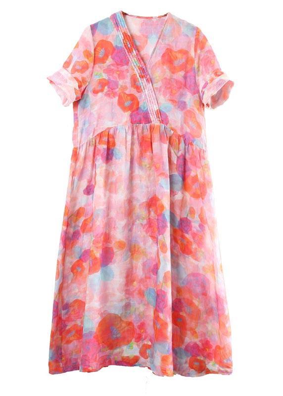 Classy Pink Print V Neck Party Summer Linen Dress - Omychic