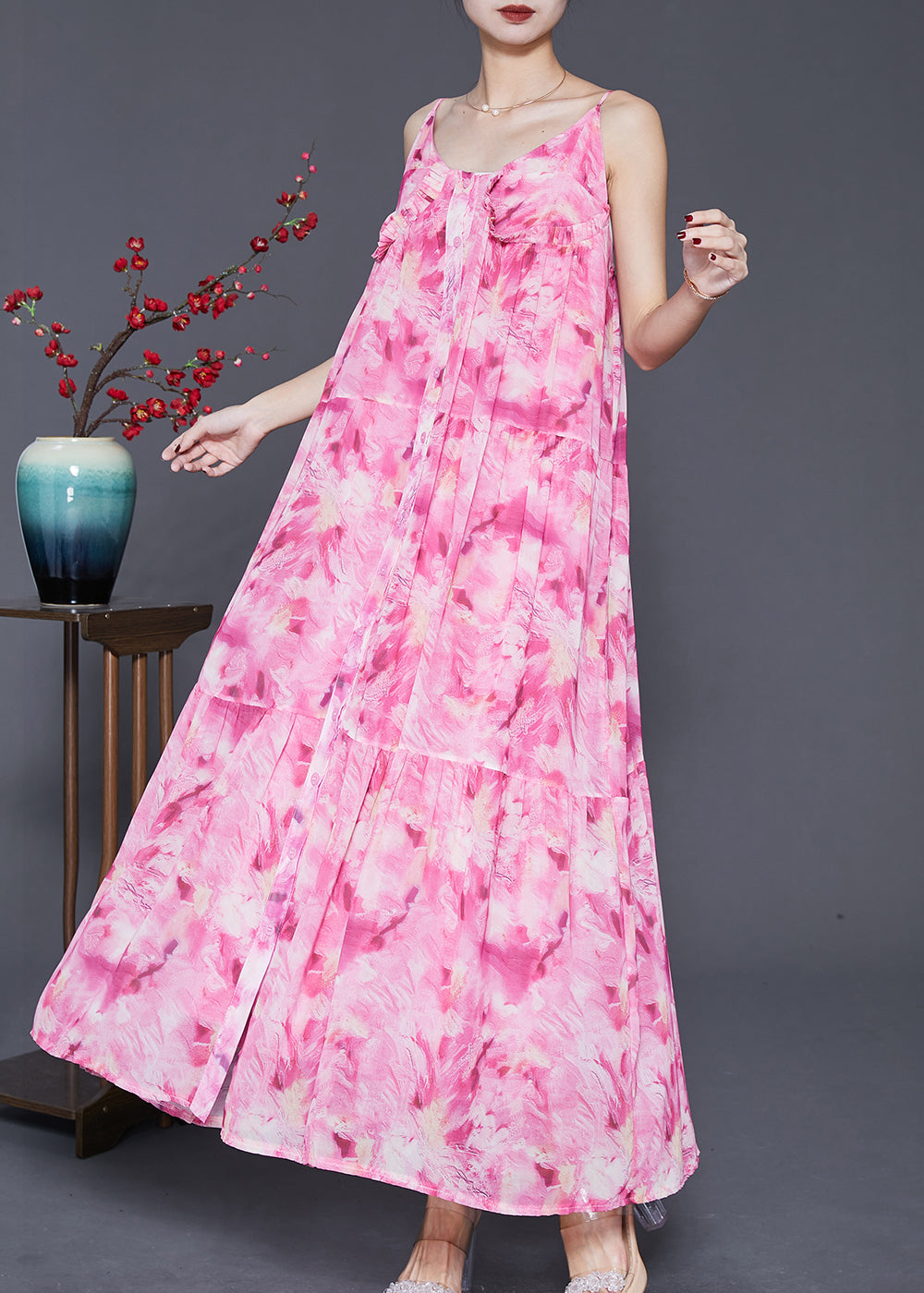 Classy Pink Ruffled Print Chiffon Spaghetti Strap Dress Summer