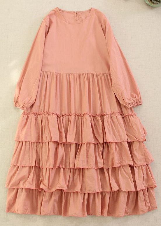 Classy Pink Solid O-Neck Ruffled Cotton Long Dress Long Sleeve