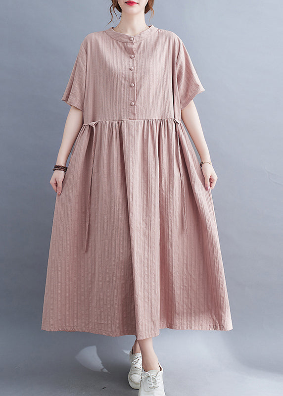 Classy Pink Stand Collar Button Tie Waist Long Dress Summer