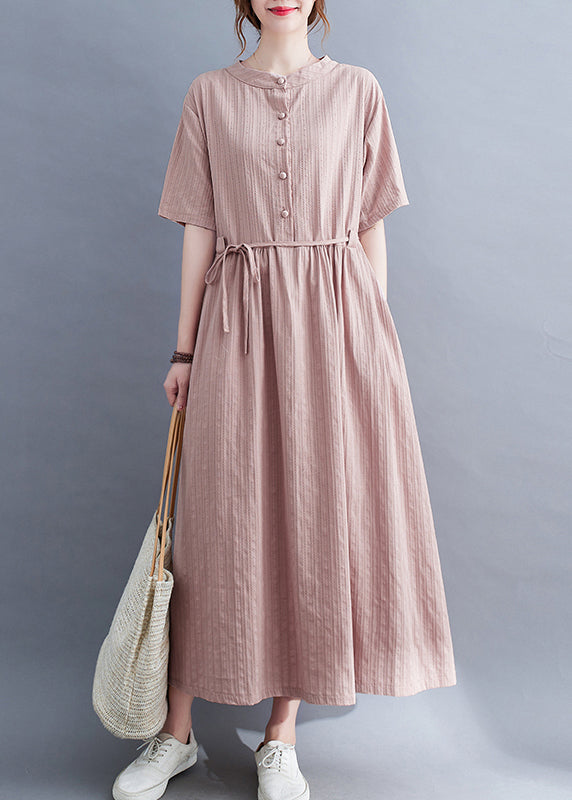 Classy Pink Stand Collar Button Tie Waist Long Dress Summer – Omychic