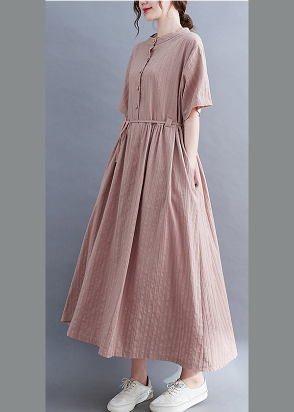 Classy Pink Stand Collar Button Tie Waist Long Dress Summer