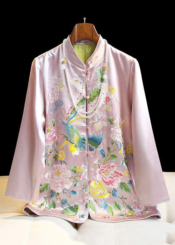Classy Pink Stand Collar Embroidered Button Silk Coat Spring