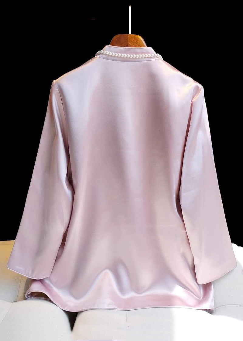 Classy Pink Stand Collar Embroidered Button Silk Coat Spring