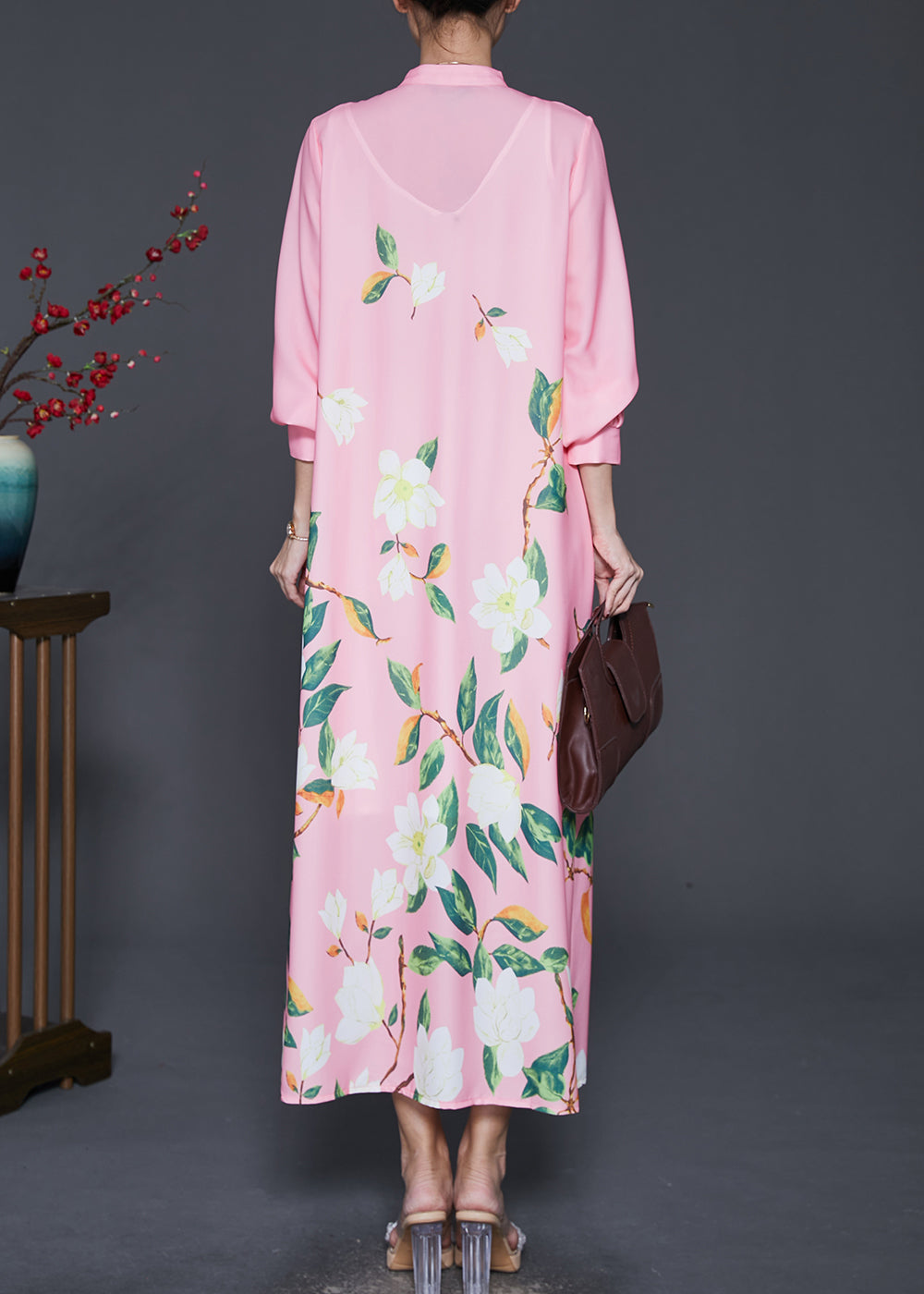 Classy Pink Stand Collar Print Chiffon Shirt Dresses Spring