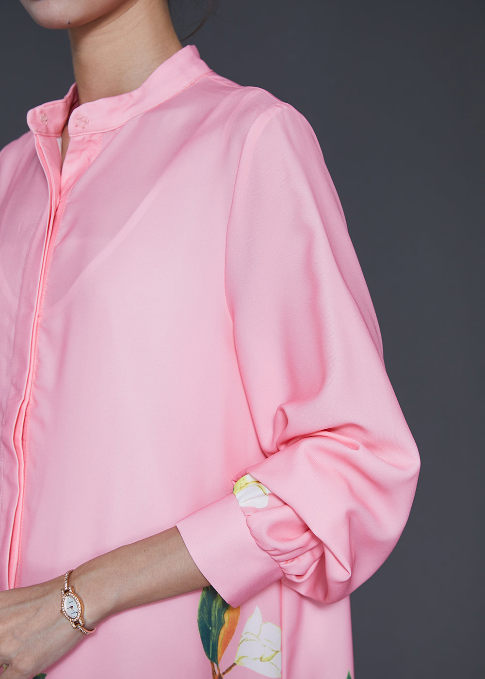 Classy Pink Stand Collar Print Chiffon Shirt Dresses Spring