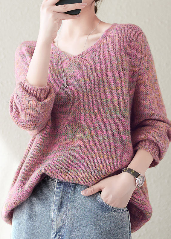 Classy Pink V Neck Cozy Knitted Cotton Sweaters Long Sleeve