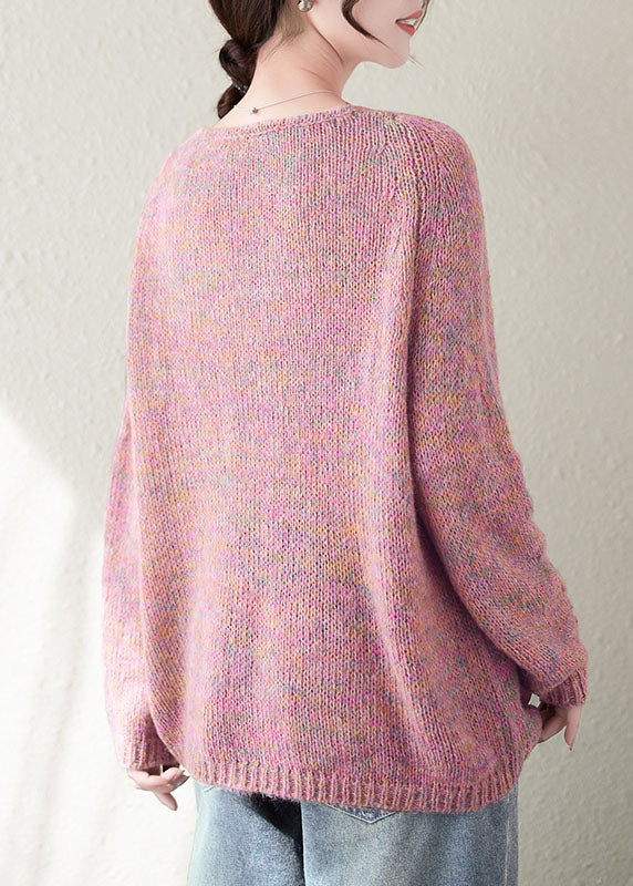 Classy Pink V Neck Cozy Knitted Cotton Sweaters Long Sleeve