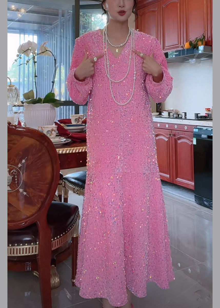 Classy Pink V Neck Sequins Velour A Line Maxi Dress Spring